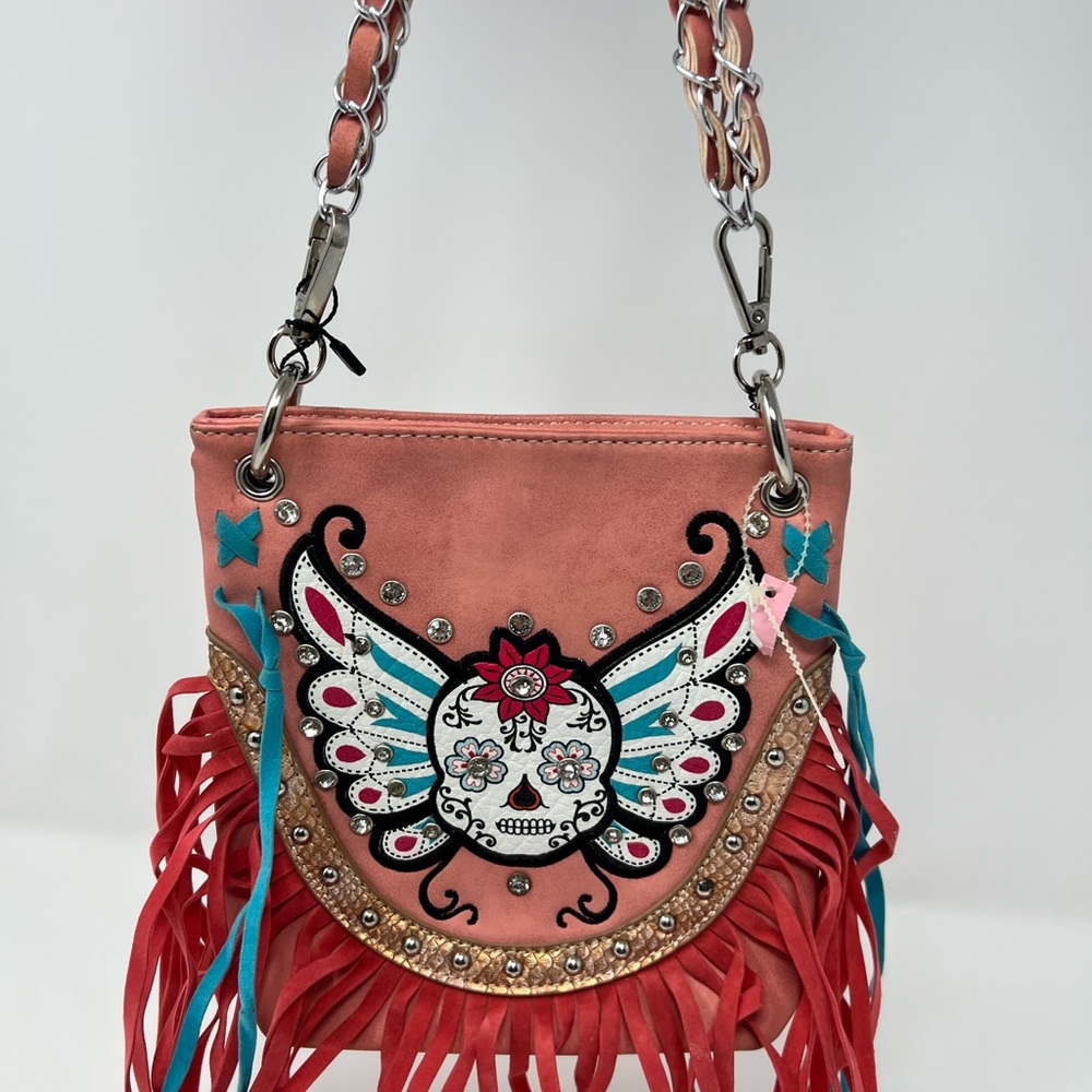 Cowgirl Trendy Brand Sugar Skull Fringe Wings  Leather Suede Crossbody Purse